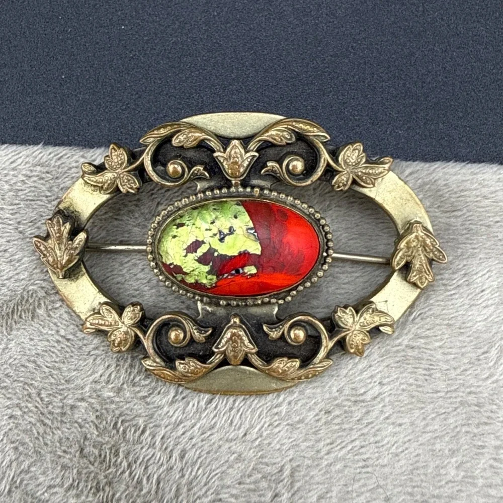 Vintage Victorian Czech Foil Art Glass Brooch Sash Pin Red Green